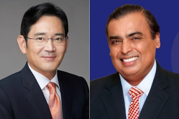 이재용 삼성전자 회장(왼쪽)과 무케시 암바니 릴라이언스 인더스트리 회장. 사진=삼성전자·릴라이언스 인더스트리 홈페이지